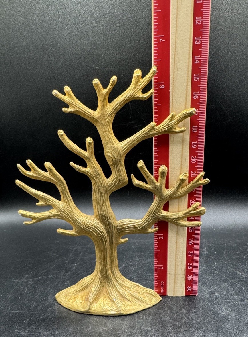 Vtg Cast Metal Decorative Gold Tone Tree Jewelry Stand Earring Holder 6.5″ Tall