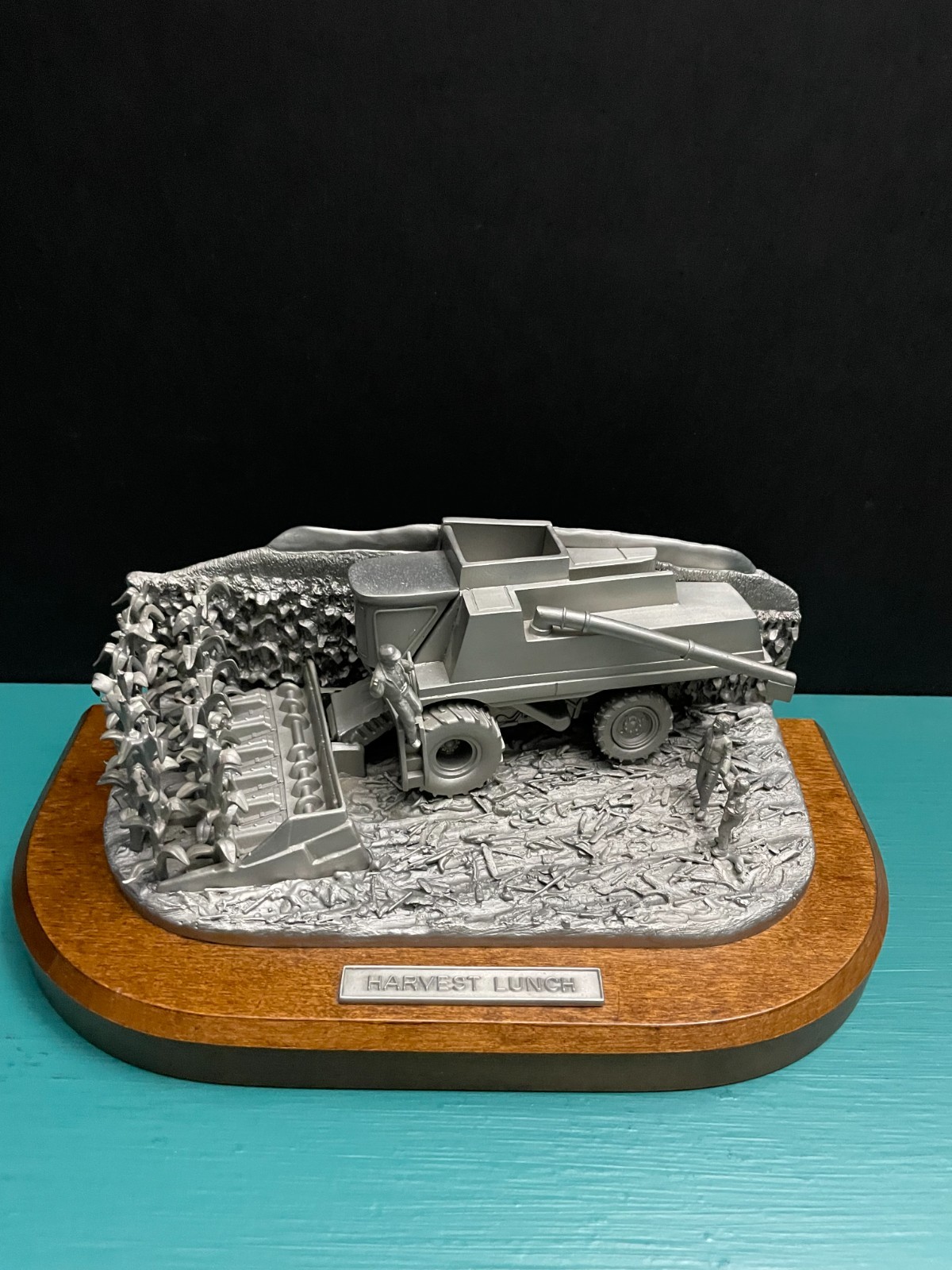 Pewter Farm Tractor Combine Corn Crop Harvest Fields Agricultural Diorama Statue