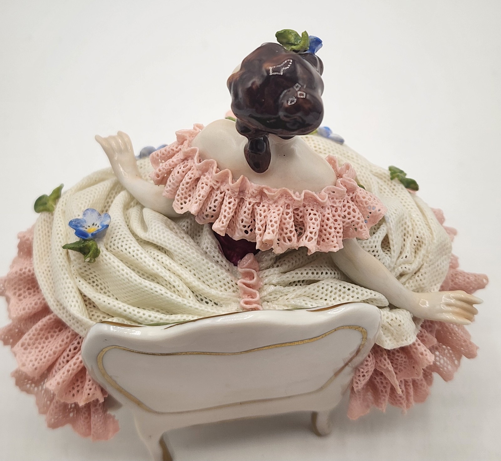 Antique German Volkstedt Dresden Lace Porcelain Figurine Lady On Sofa 5″× 5.5″