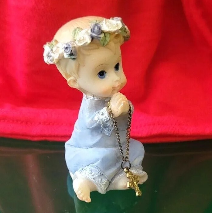 Praying Child Flower Head Band Holding Cross with Chain Jewelry Figurine Vintage