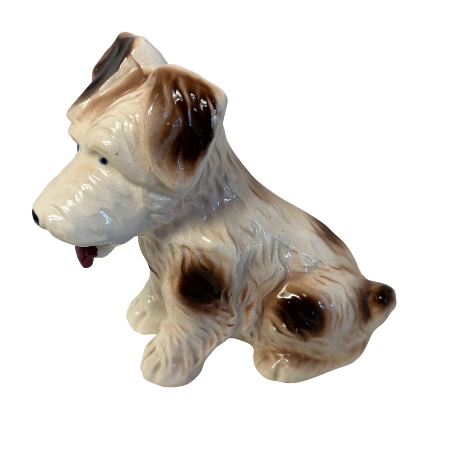 Vintage Terrier Dog Figurine White Brown Made in Japan Ceramic Statue 7 1/2″