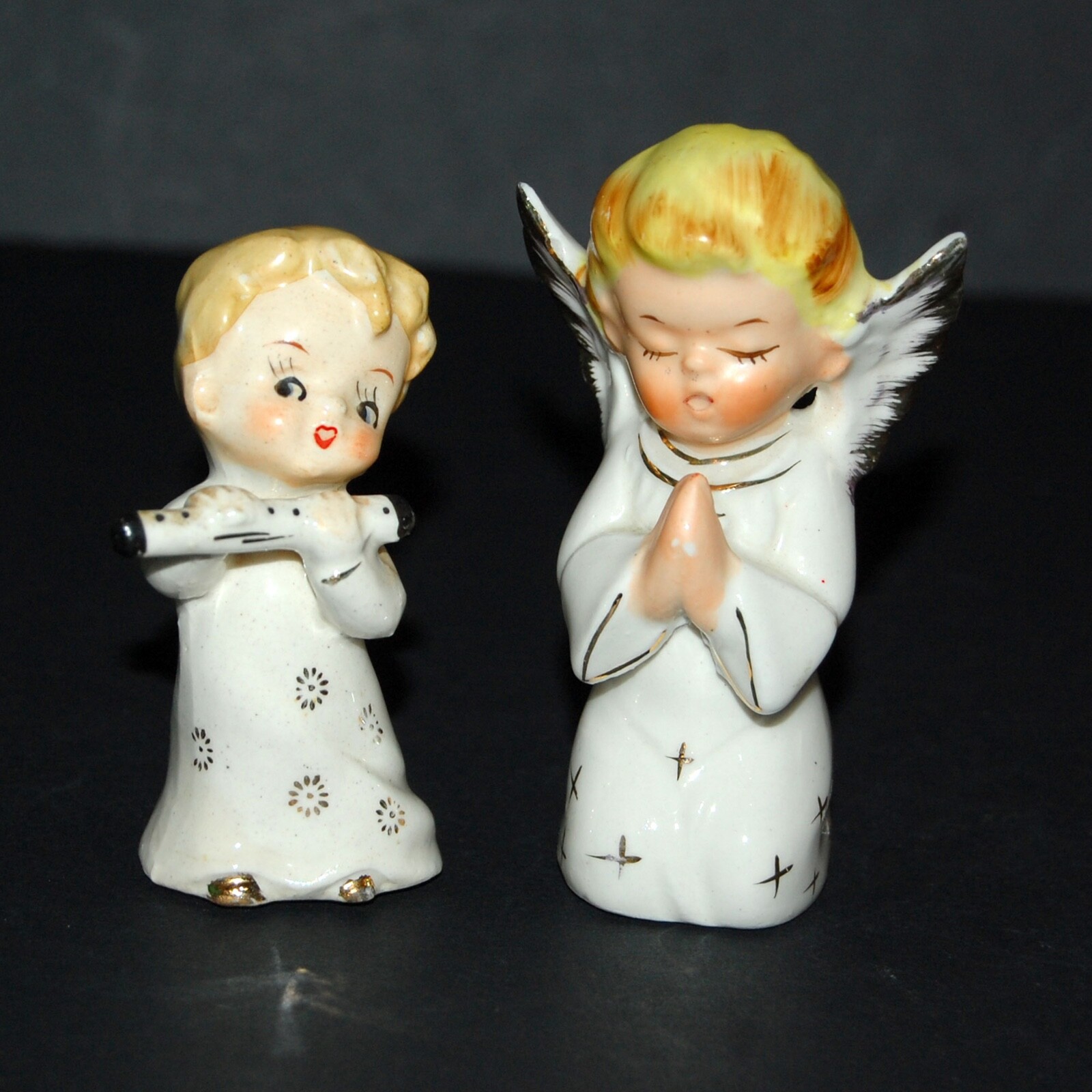 ARTMARK Porcelain Angel Figurines Girl Praying Boy Playing Flute ~ 1950s Japan