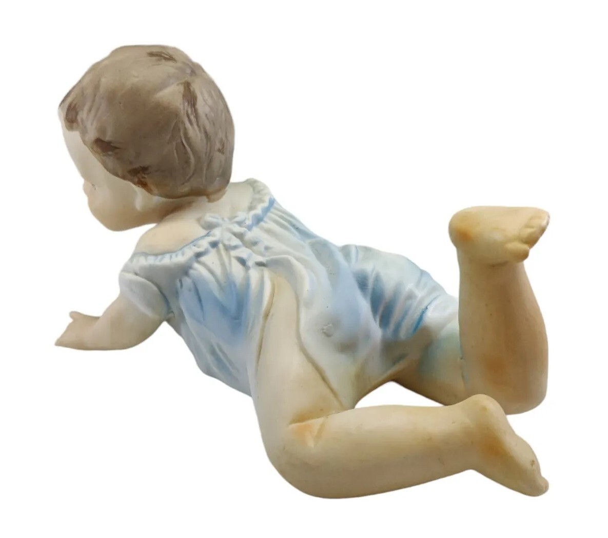 Vintage German Bisque Piano Baby Boy Blue Eyes and Clothes Crawling