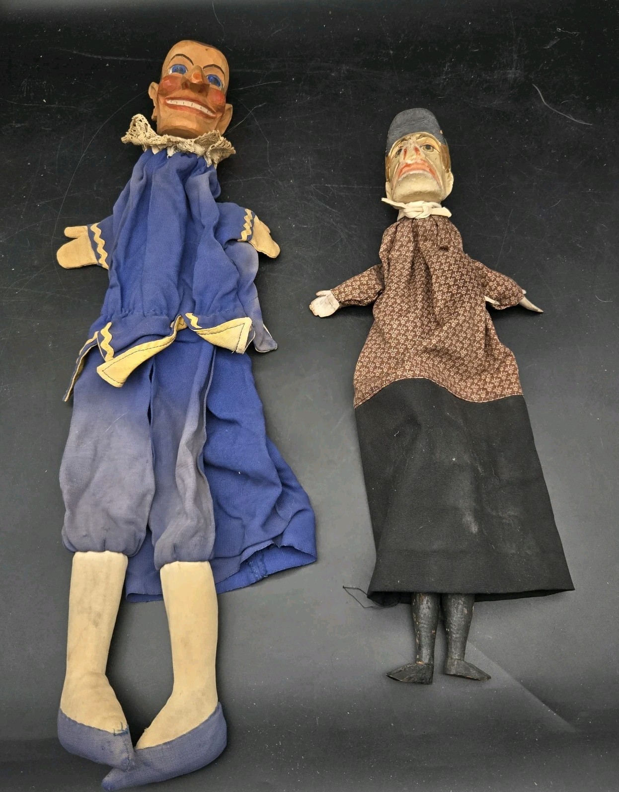 Vintage Hand Carved Wooden Head Hand Puppets Lot of 2 Clown & Character Folk Art