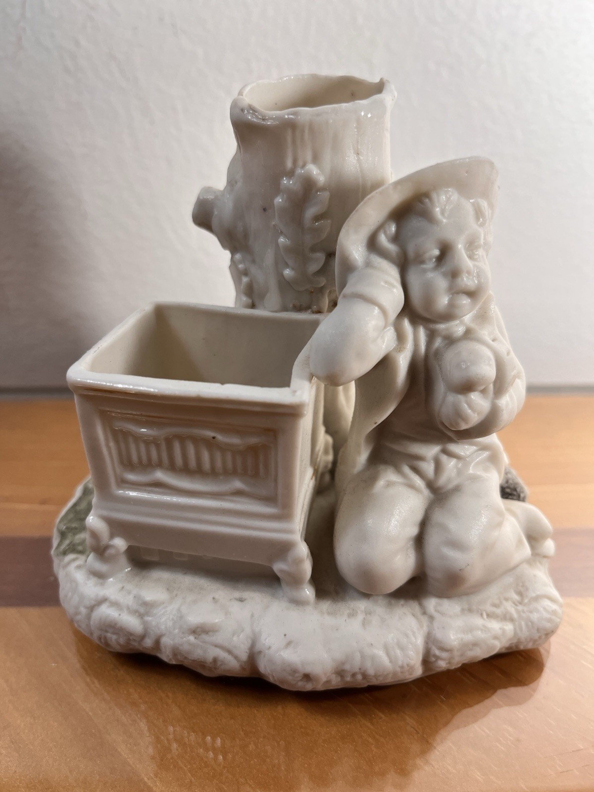 Vintage Heubach style Porcelain Boy w Puppy Vase & Candle Holder Figurine 4”