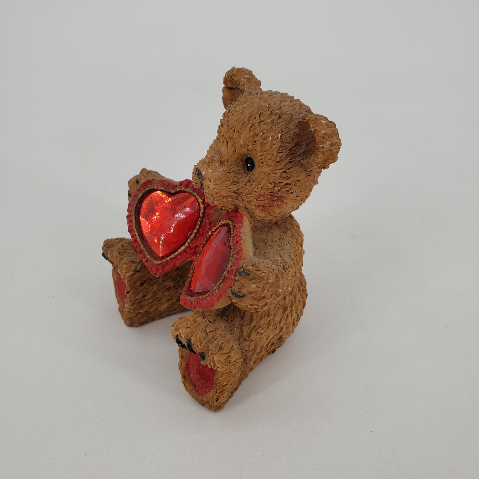 Brown Ceramic Teddy Bear Figurine With Red Sparkling Heart Gemstones