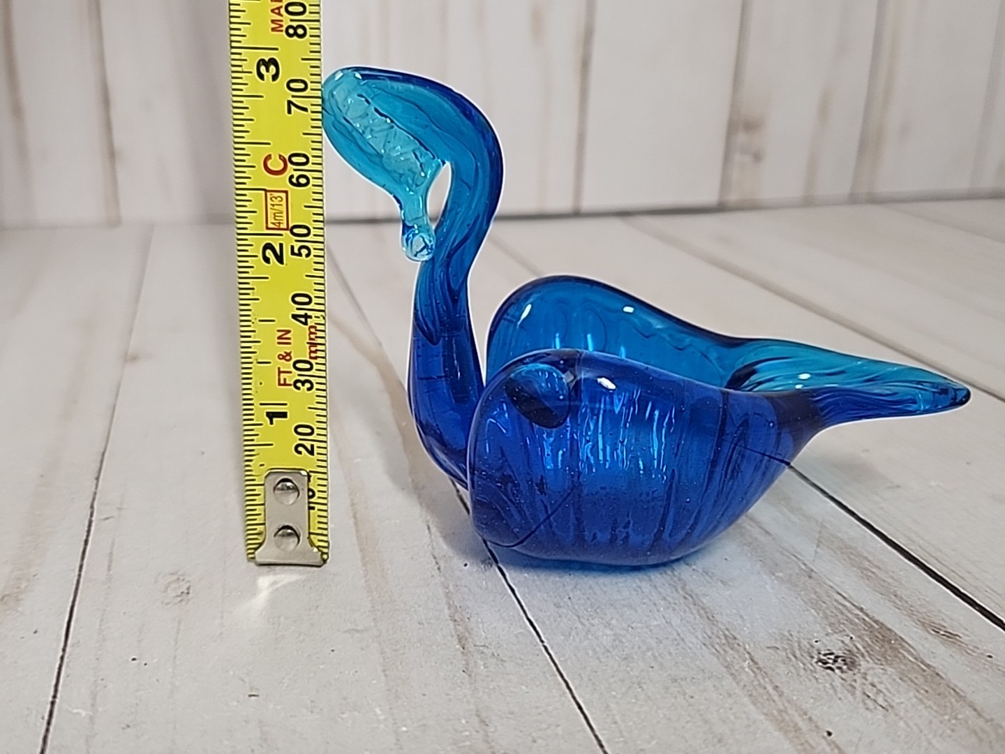 VTG Blue Glass Swan Trinket Candy Dish Bowl 3.5” long Mid Century Modern