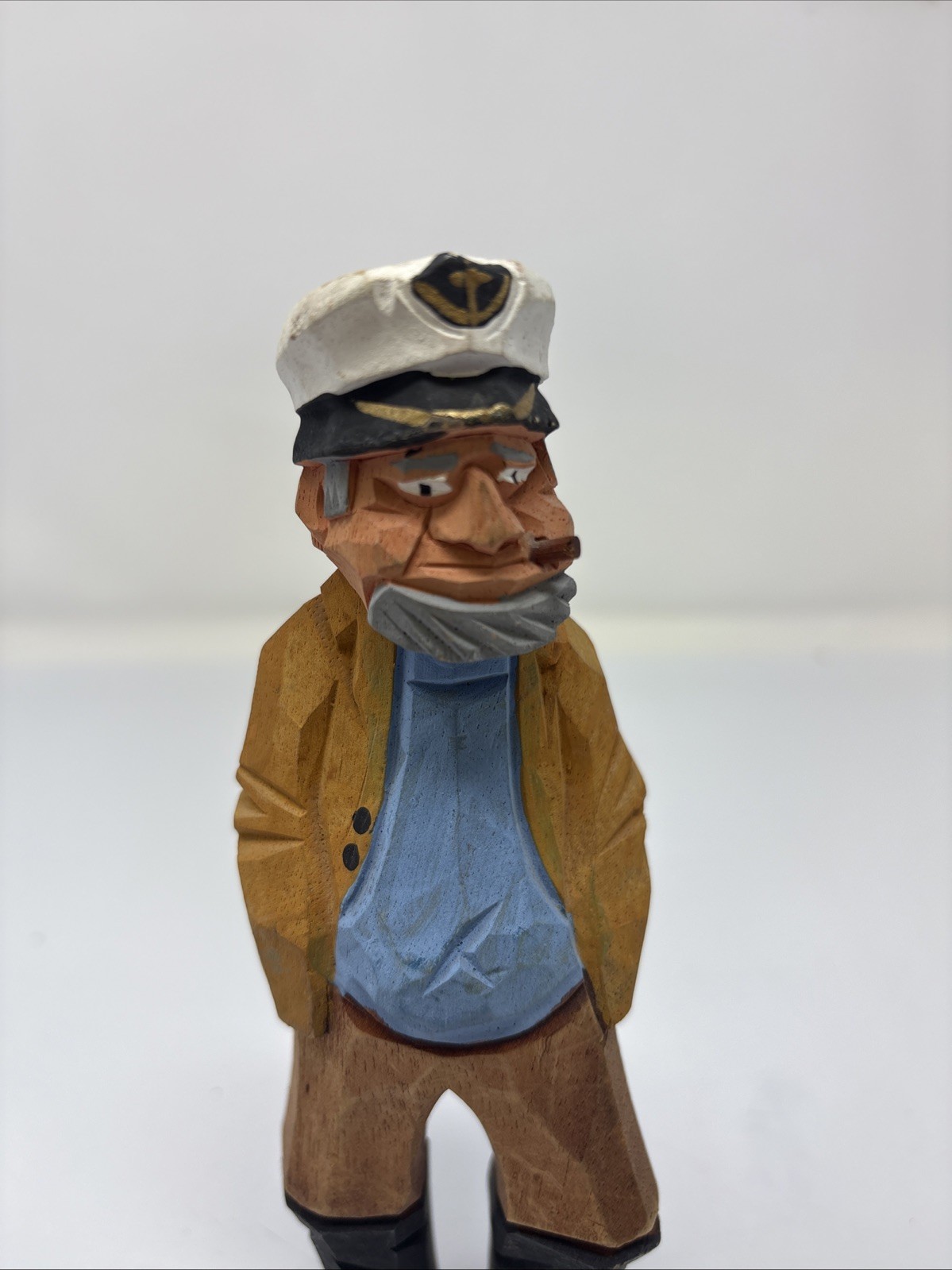 Vintage Hand Carved Wooden 7 Inch Fisherman Folk Art Multicolor