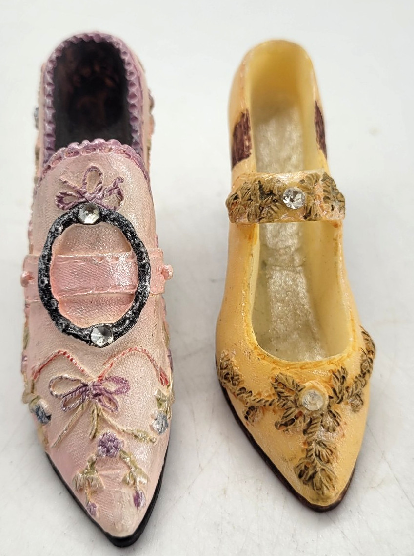 Vintage Miniature Fabric Shoe Figurines Pink Floral Yellow Gem Pair Collectible