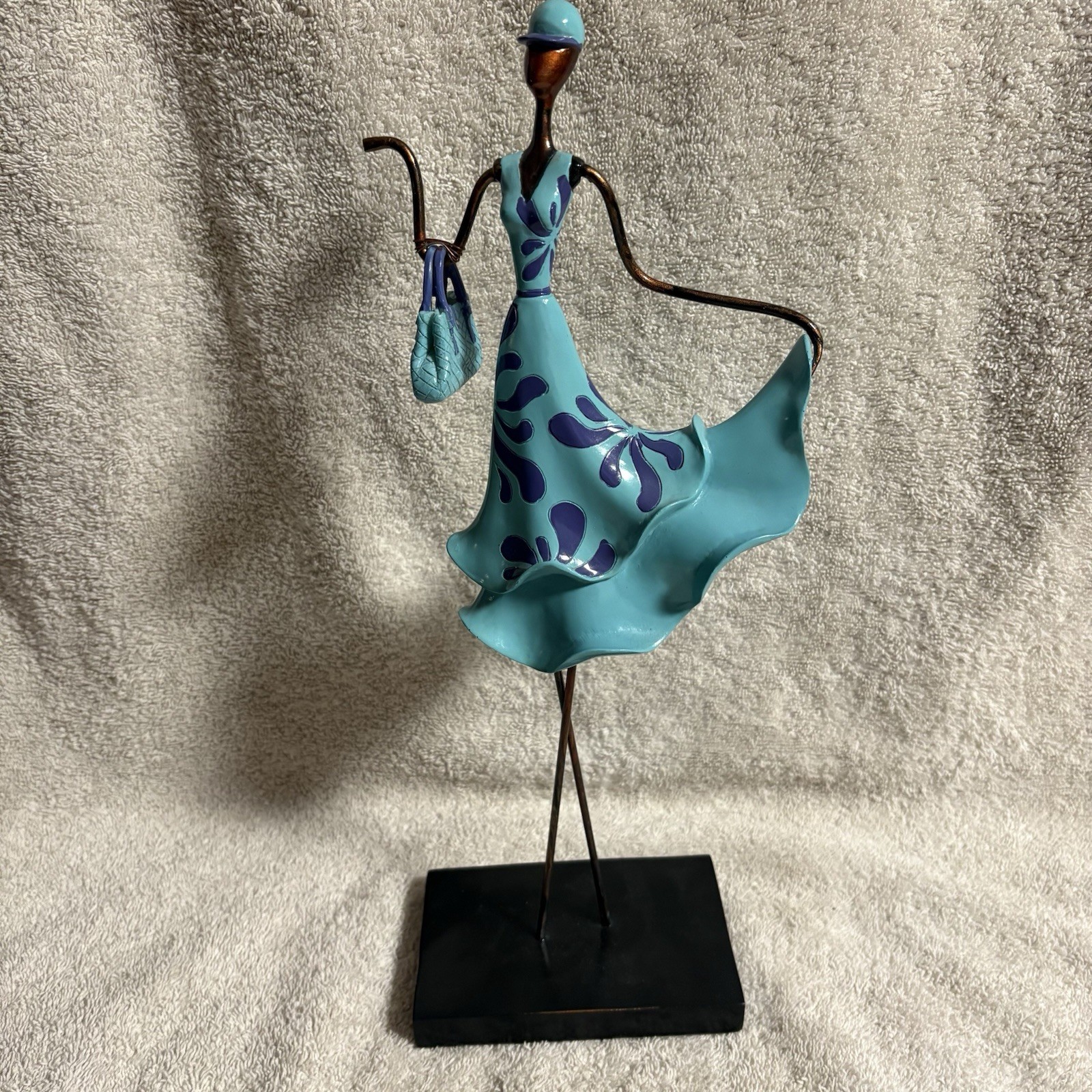 Stylized Iron Sculpture Woman In A Ruffled Blue Dress And Carry Purse w/ Hat 13”