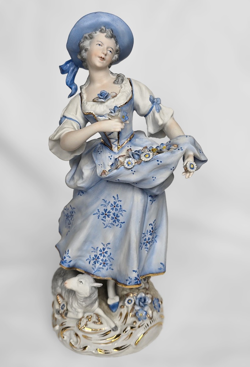 11″ Antique Sitzendorf Shepherd & Shepherdess Figurine Pair, c.1890s, Germany