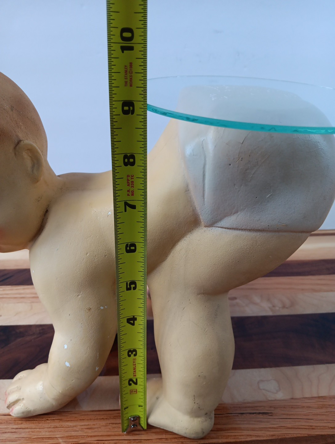 VTG RARE 40s 50s Glass Display Stand Chalkware Plaster Baby 10.5″ Display Diaper