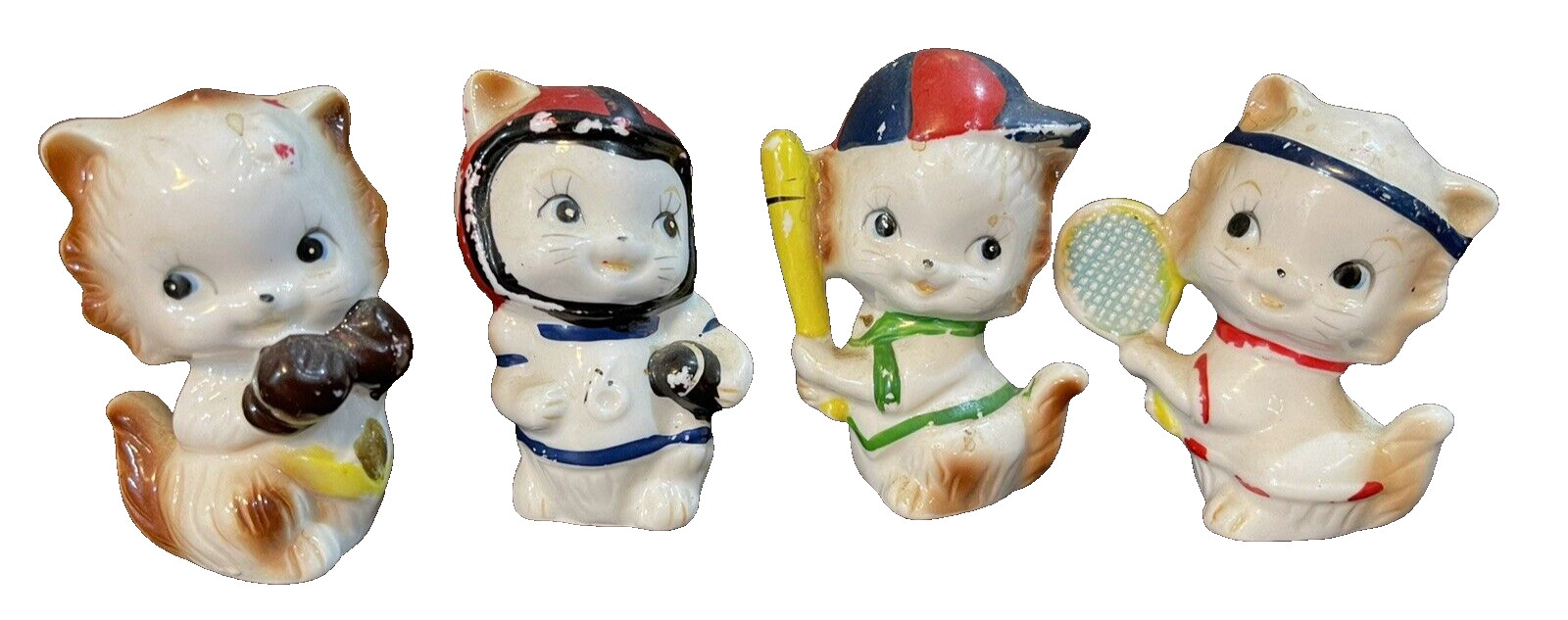 4 Vintage porcelain Kitten Cat Football Tennis Boxing Baseball Sports Figurines