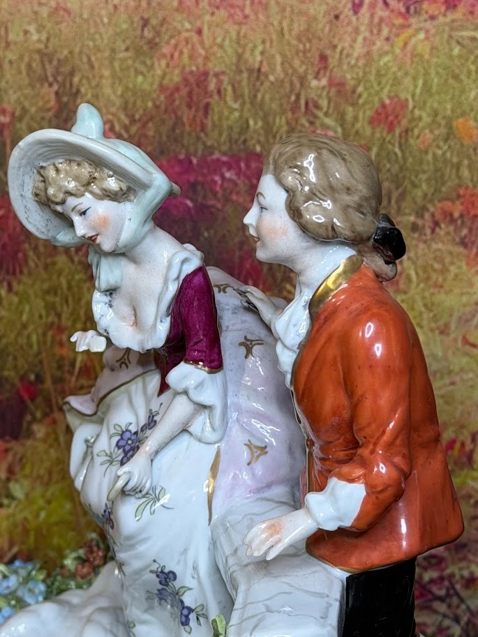Large Rare Scheibe Alsbach Porcelain Flower Garden Man & Woman Romance! 19th C.