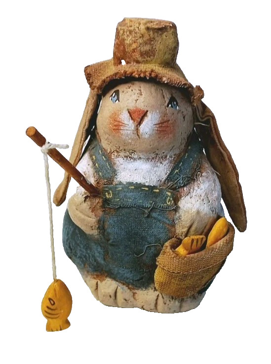 Vintage Hutch Buddies Clay Folk Art Rabbit 4″ Bunny Fishing Country Decor