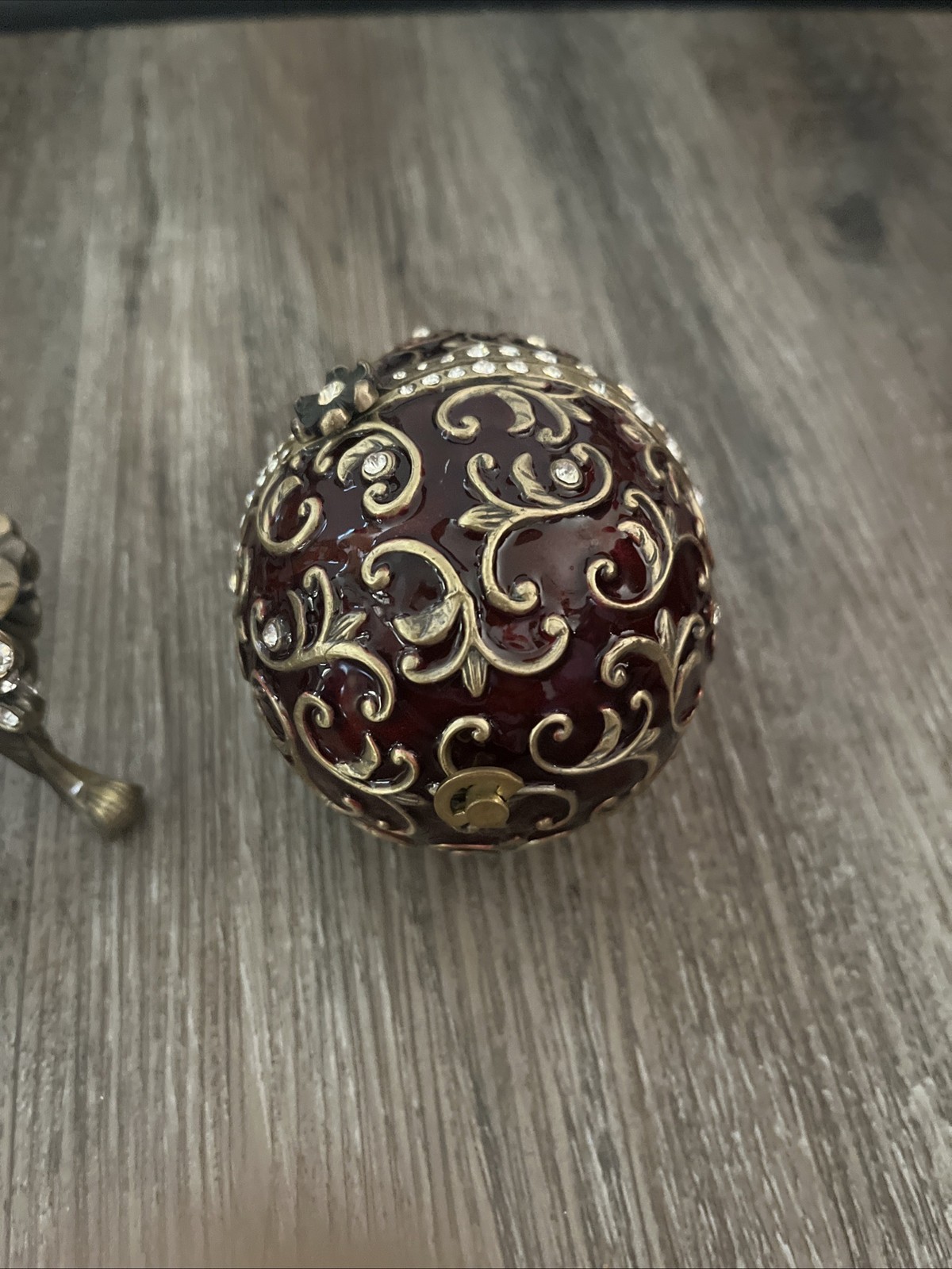 FABERGE Egg Style Red / Gold, Rhinestones Hinged Cross Music Box With Stand.