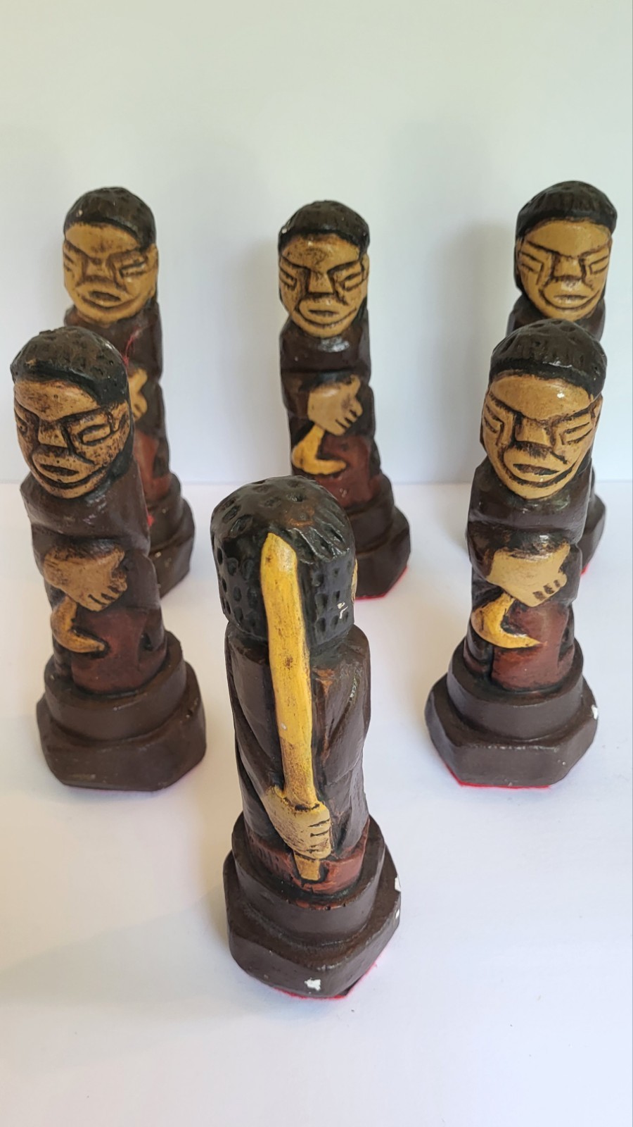 12pc Carved Painted Wood Tribal People Figurine Lot Folk Art Brown Beige Black