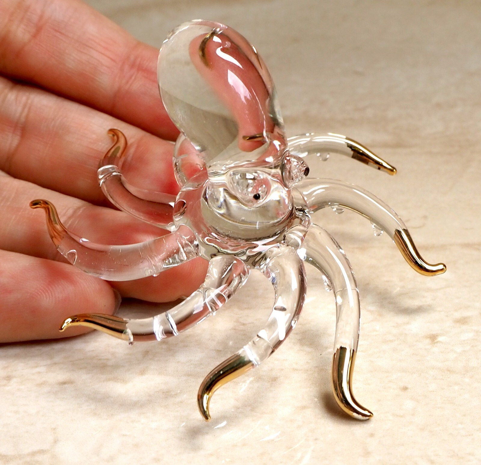 Octopus hand blown clear art glass figurine gold trim 2.5 inch Gift