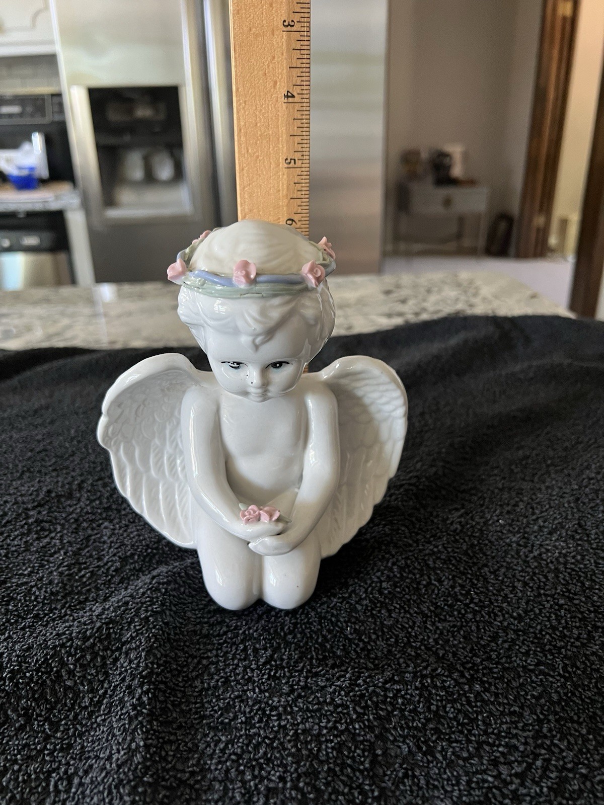White Glazed Porcelain Cherub Angel Figurine Pink Roses Floral Crown Sitting