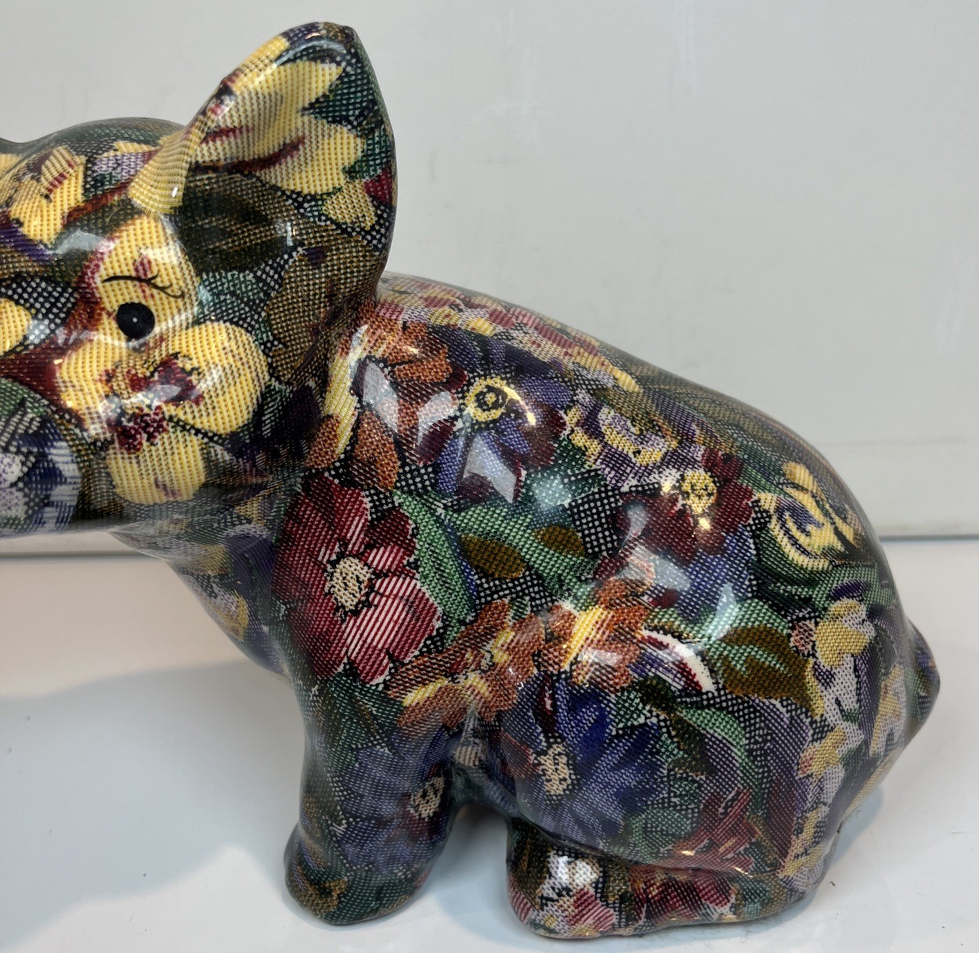 Joan Baker Designs Porcelain Decoupage Patchwork Floral Pigs Lot Of 2 Vintage