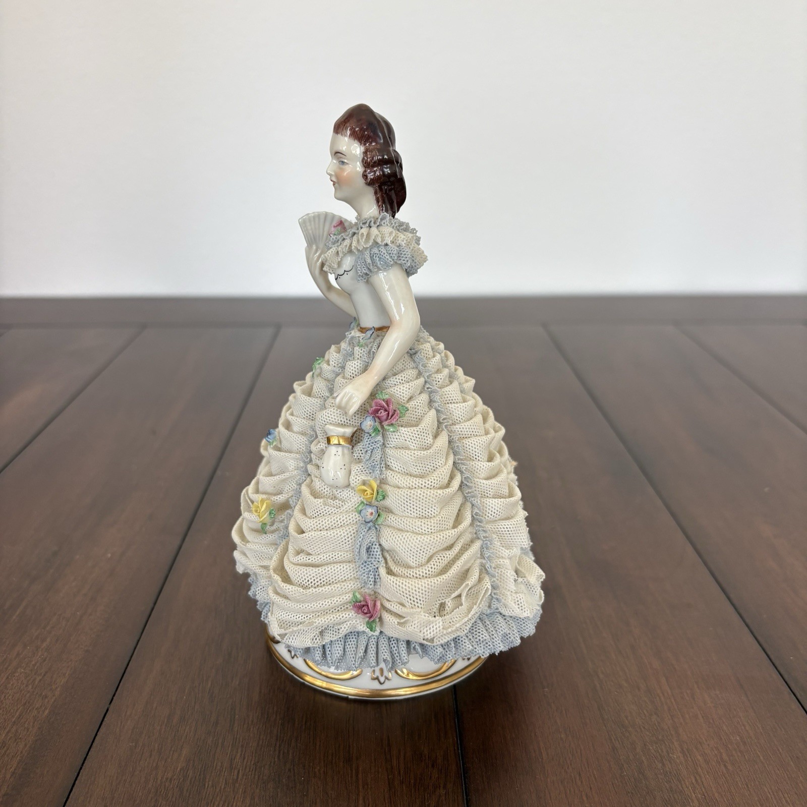 VTG MZ Germany Dresden Lace Lady Figurine | Elegant White Blue Dress Fan 7″