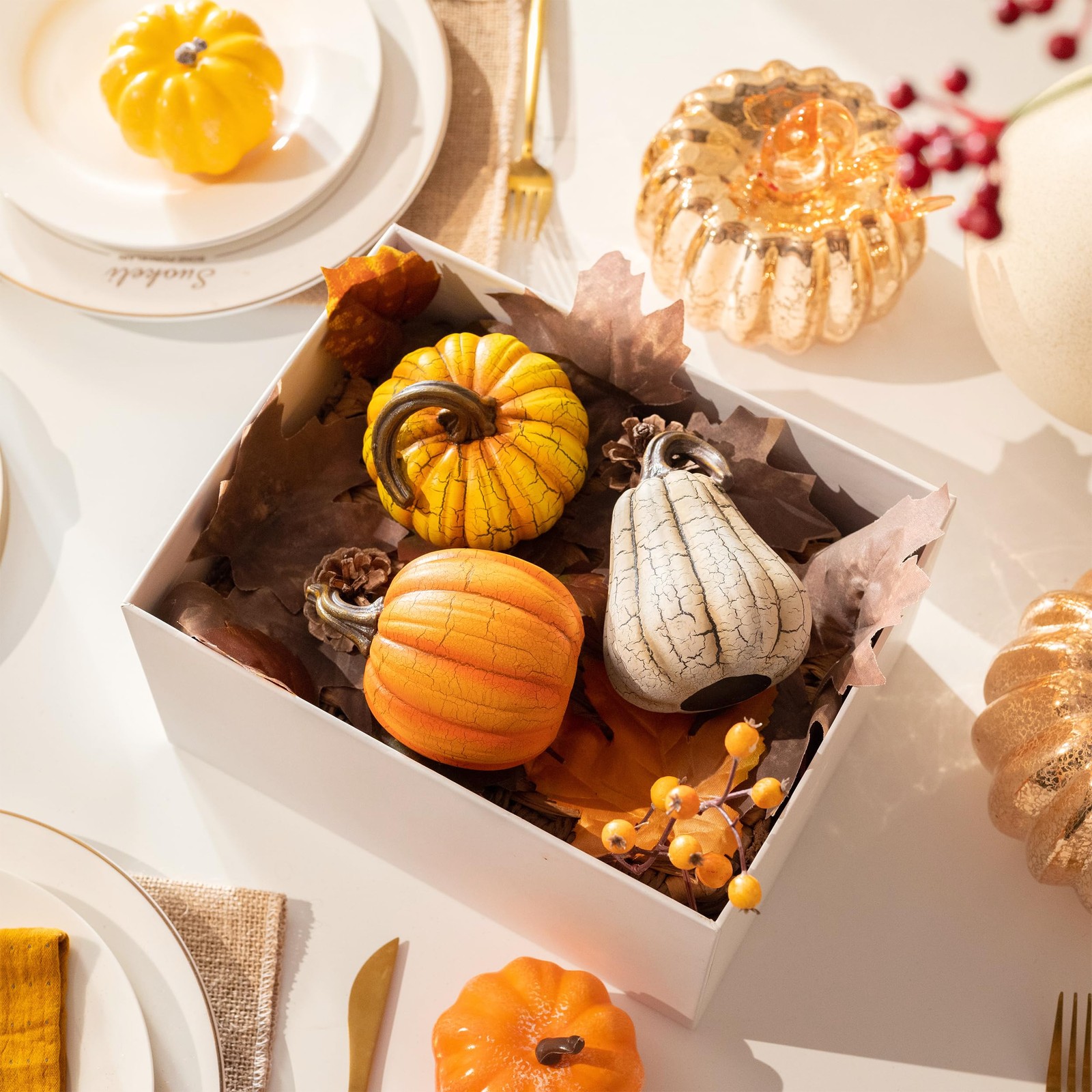 3 PCS Fall Decorations For Home Resin Cracked Pumpkin Decor Autumn 5 Inch