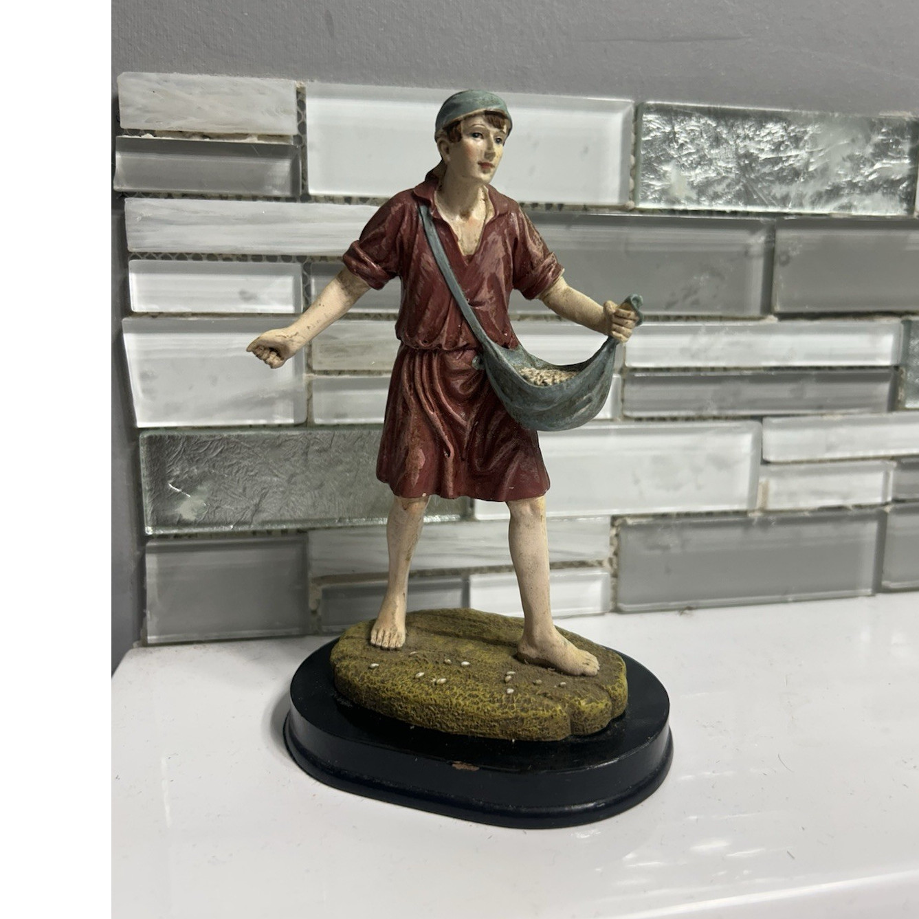 Religious Man Figurine w/ Satchel Shoulder Bag, Hand Painted Multicolor Resin