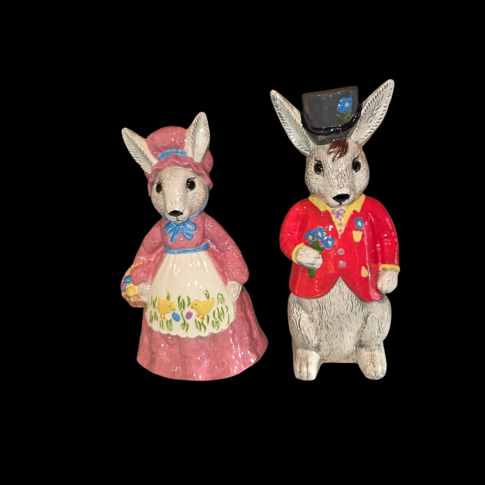 Vintage Boy and Girl Ceramic Rabbit Figures Hand Painted Weaver Mold