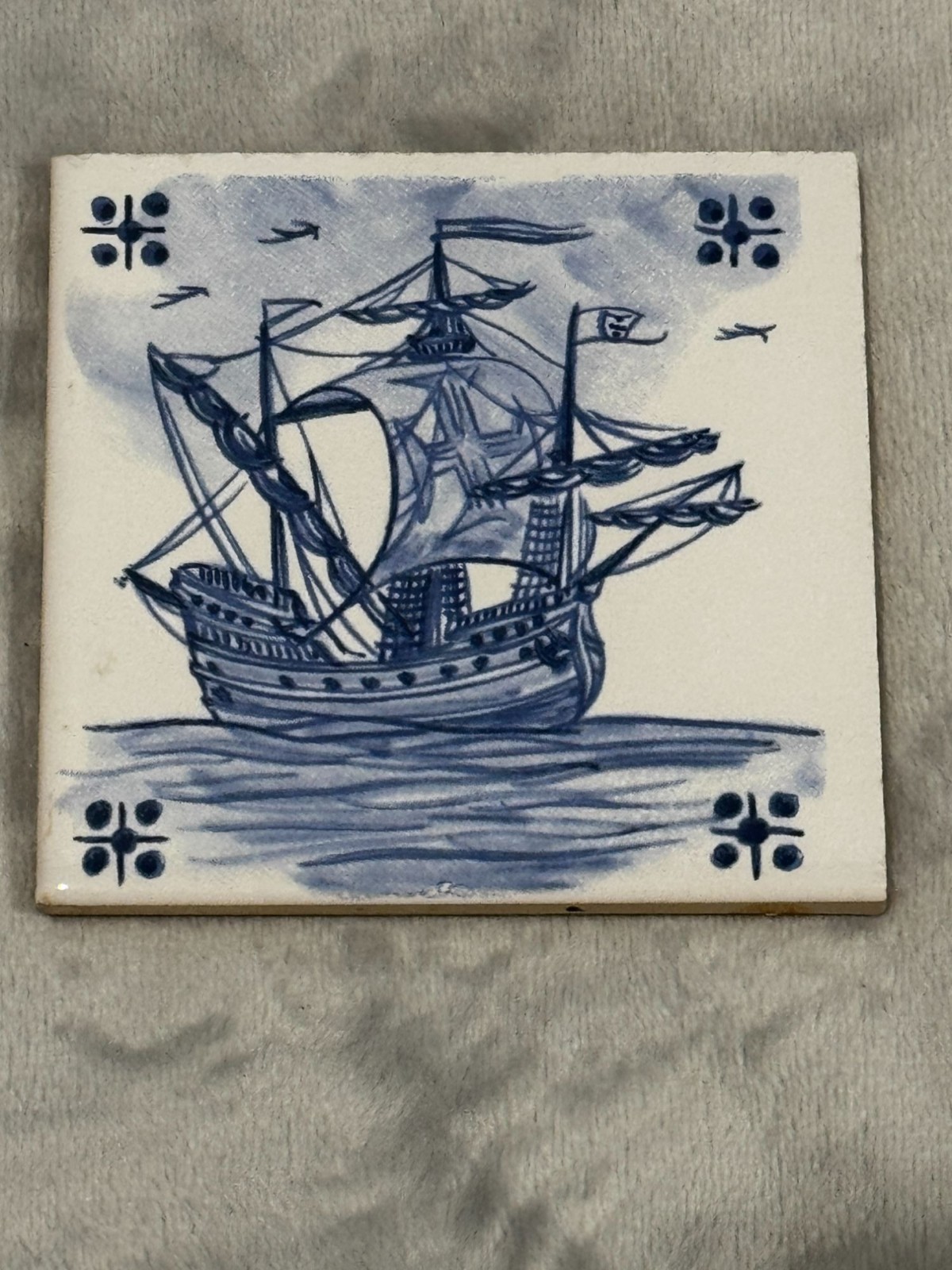 Six Antique Dutch Delft Hand Painted Nautical Blue & White 3 Inch Square Ceramic