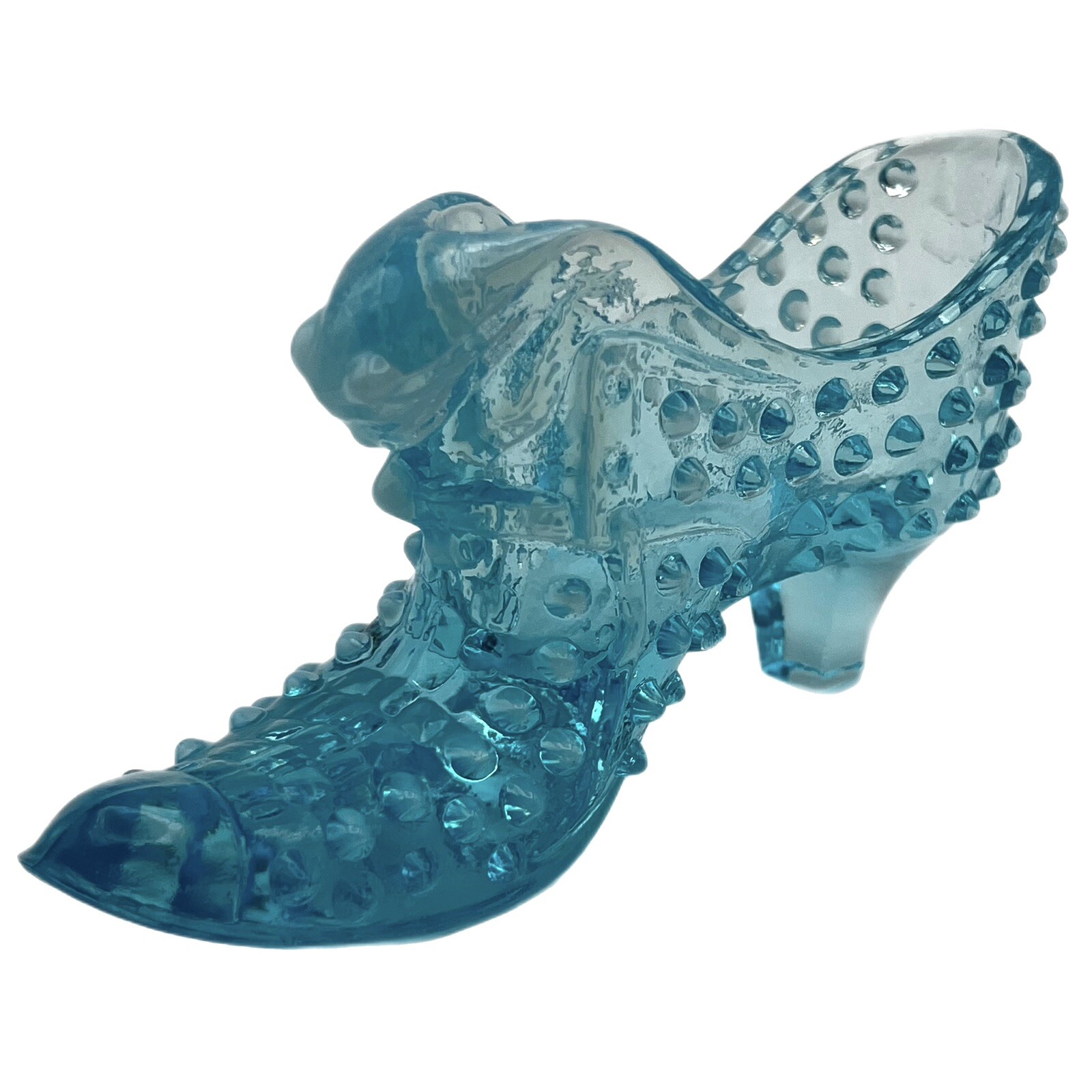 Vintage Aqua Blue Opalescent Hobnail Art Glass Cat Head Slipper Shoe Boot 5 1/2″