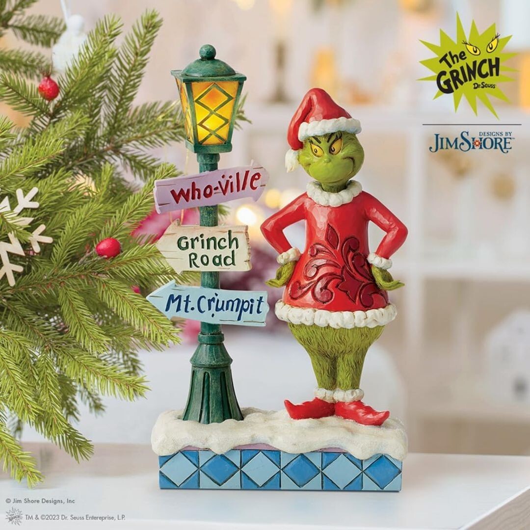 Enesco Dr. Seuss Jim Shore Grinch Santa Standing by Street Lamp Lit Figurine NEW