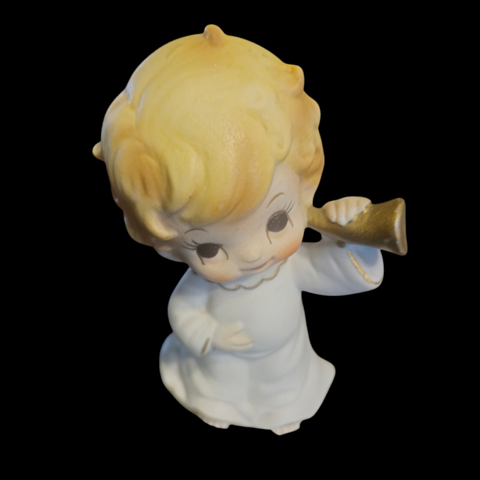 Vintage Angel 3.75″Porcelain Figurine Big Eyed Holding Horn to Ear Made in Japan