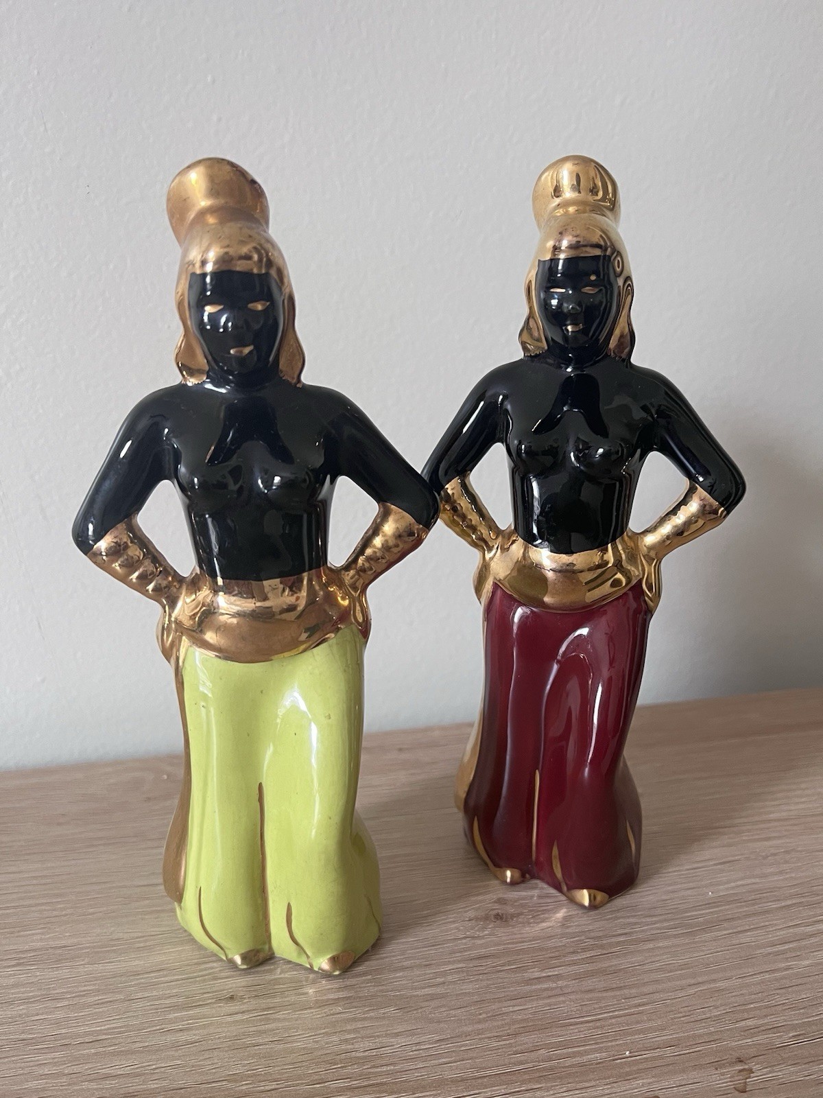 VTG MCM Pair Nubian Blackmoor Figurines Ceramic Gold Trim 8 1/4”