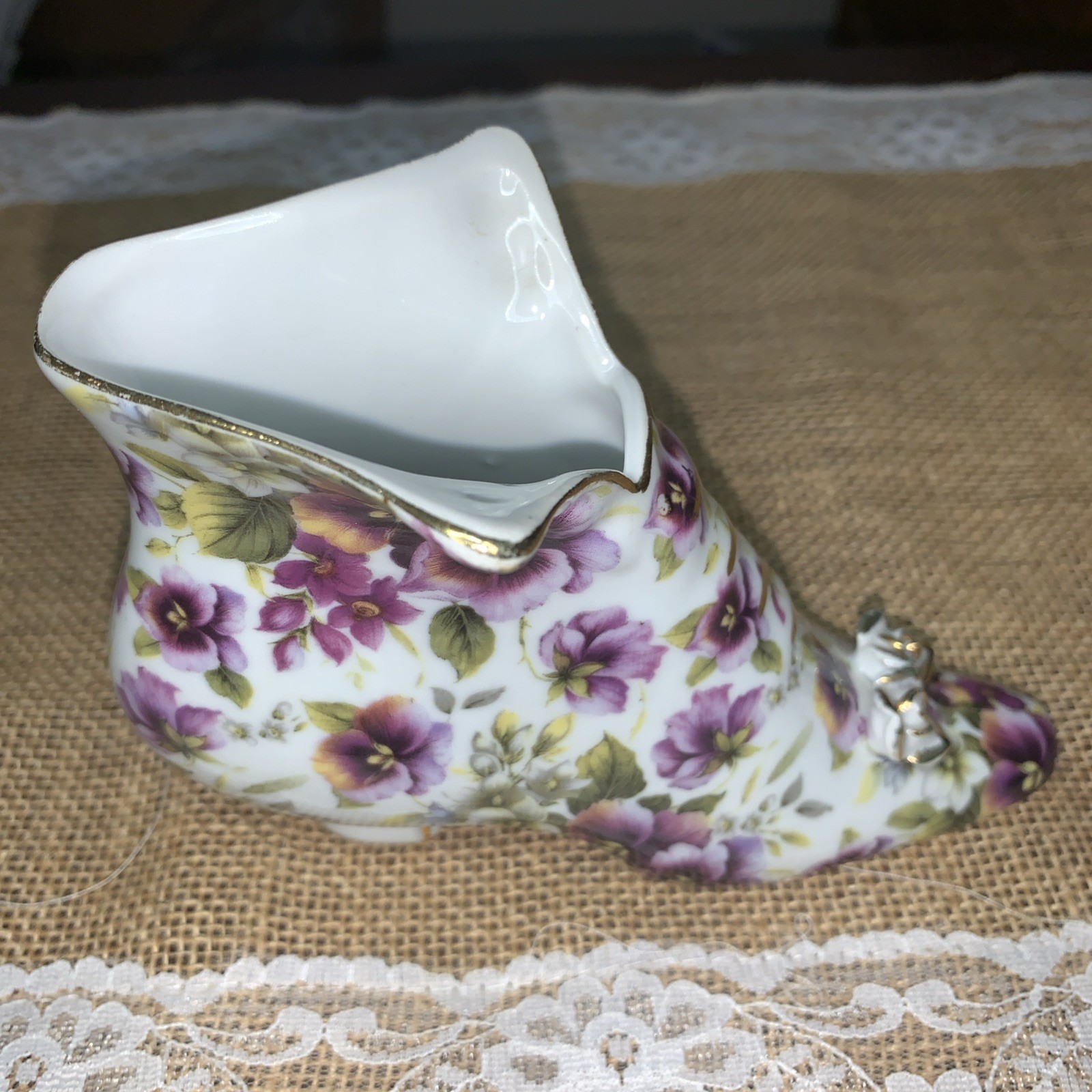 Formalities by Baum Bros Porcelain Shoes with Gold Trim and Purple Pansies