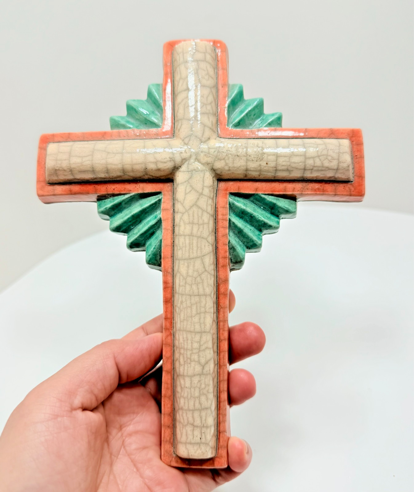 Vintage Glazed Crackled Ceramic Cross Handmade From South Africa Crucifix Decor