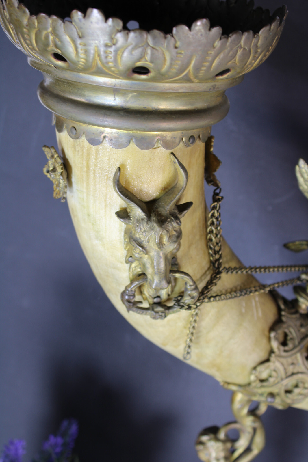 Antique XL 19thc Bronze Cornucopia horn ram eagle Statue putti cherub