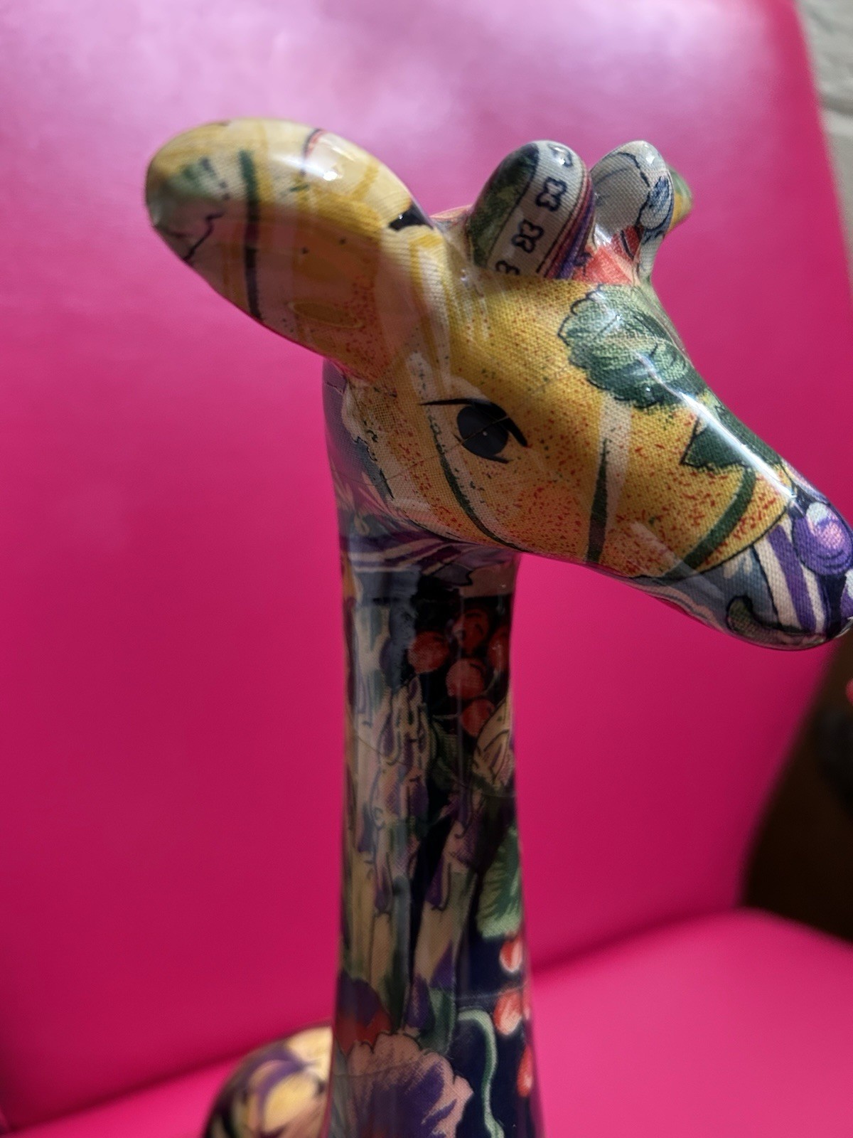 Vtg Patchwork Giraffes Mother & Baby Statue, Fruits & Floral Print, Cottagecore