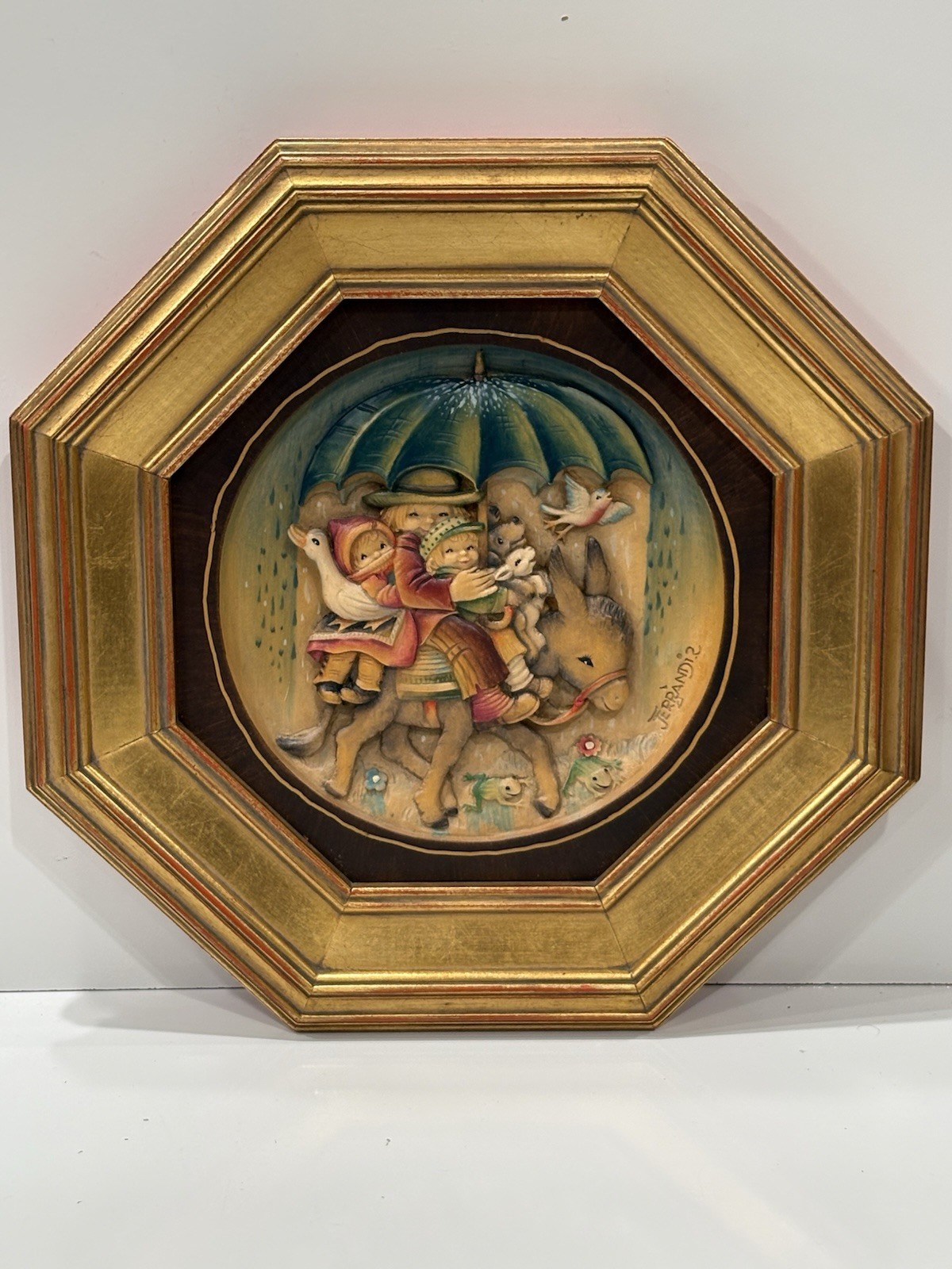 ANRI Wood Carving Wall Art Riding Thru The Rain, Ferrandiz, 1982 626/2500 Ltd Ed