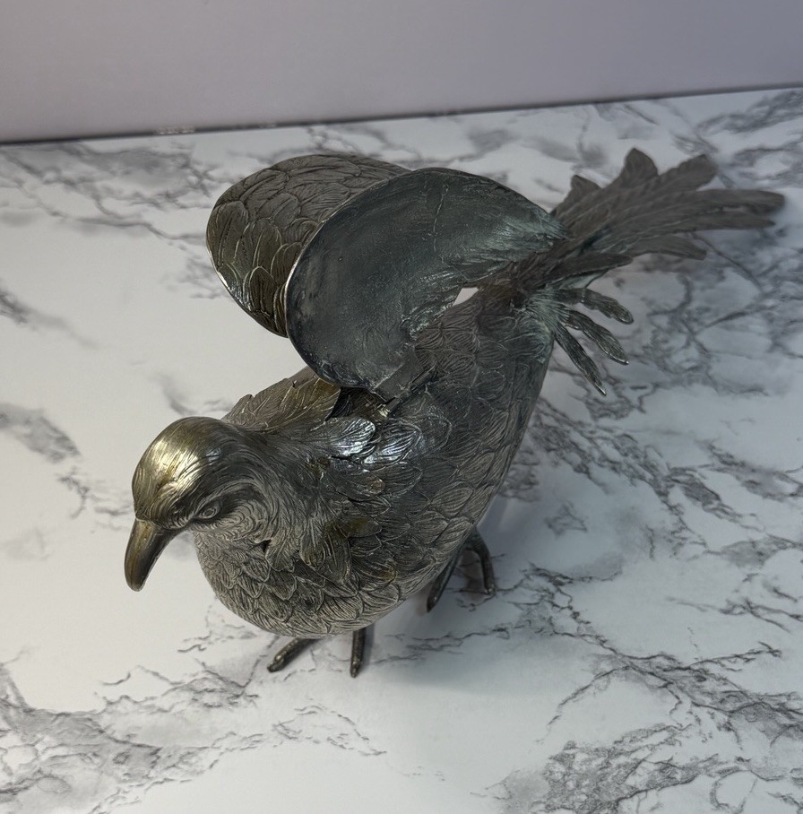 German Metal Pheasant Decanter Figurine Hinged Wings Stamped Germany Alpacca