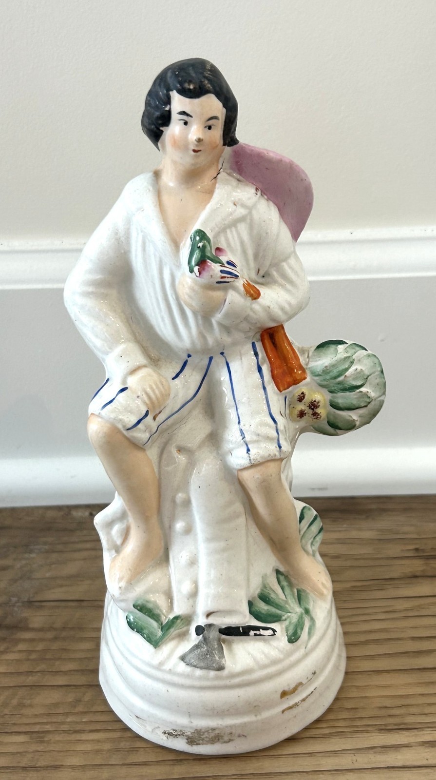 Vintage Antique Victorian Staffordshire Ceramic Male Pigeon Fancier Flat Back 9”