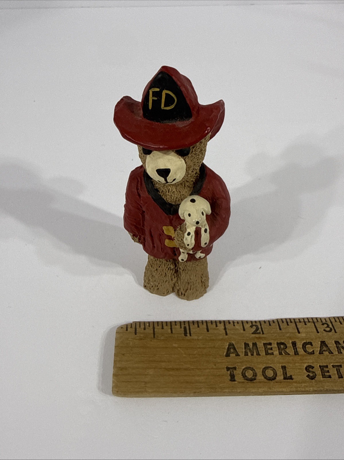 Vintage 3.5 in Fire Fighter Teddy Bear Figurine With Dalmatian Puppy