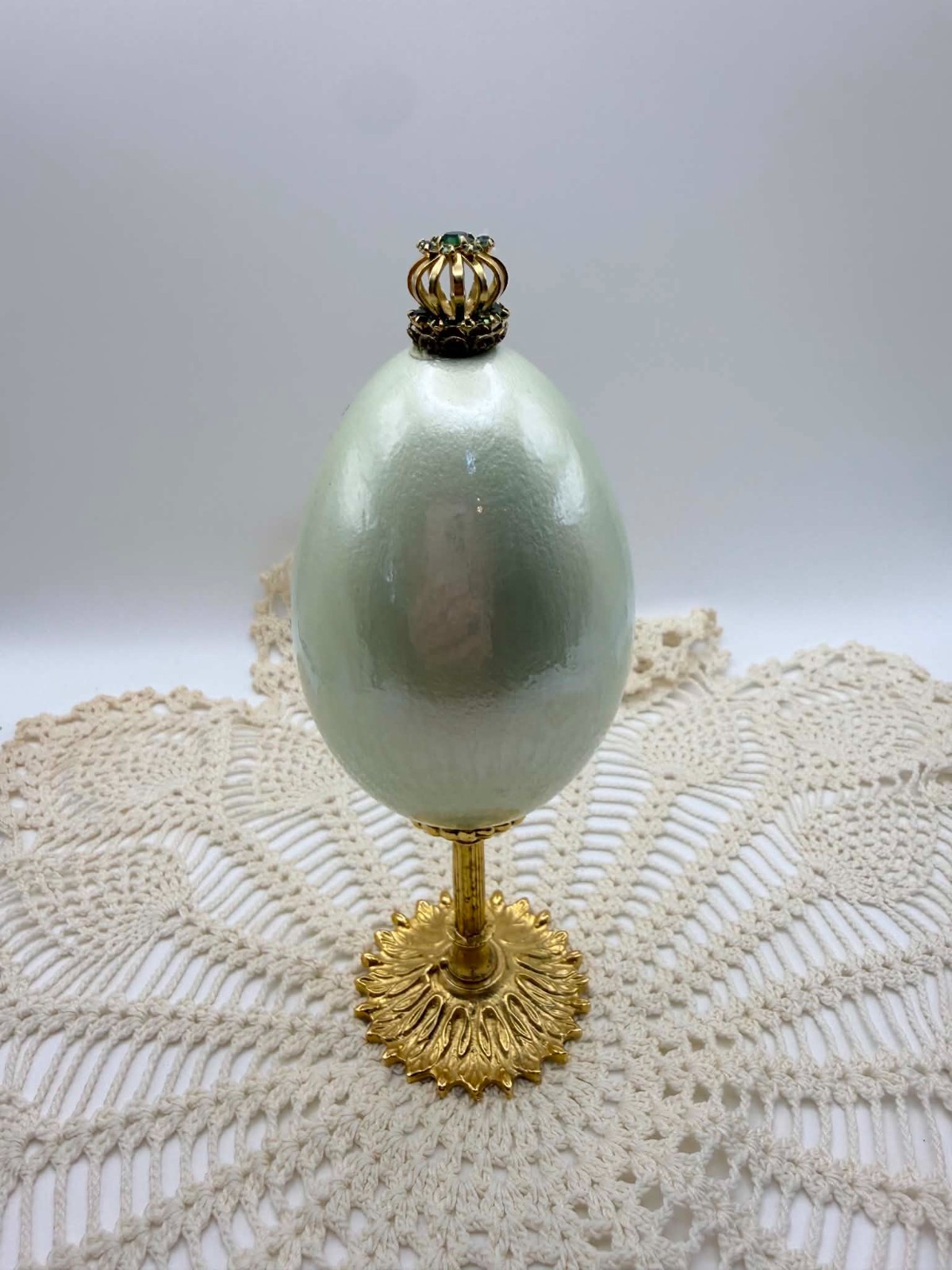 Decorative Egg Ornament Green Rose Gold Tone Stand Jeweled Victorian Decor