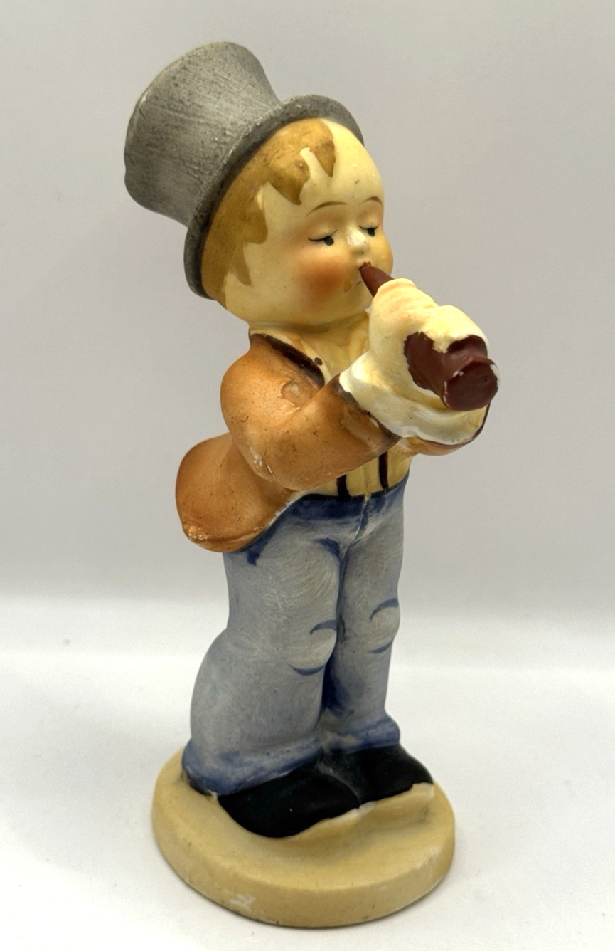 Vintage Boy Playing Horn Flute with Top Hat Figurine Japan 5″ Tall Hummel Style