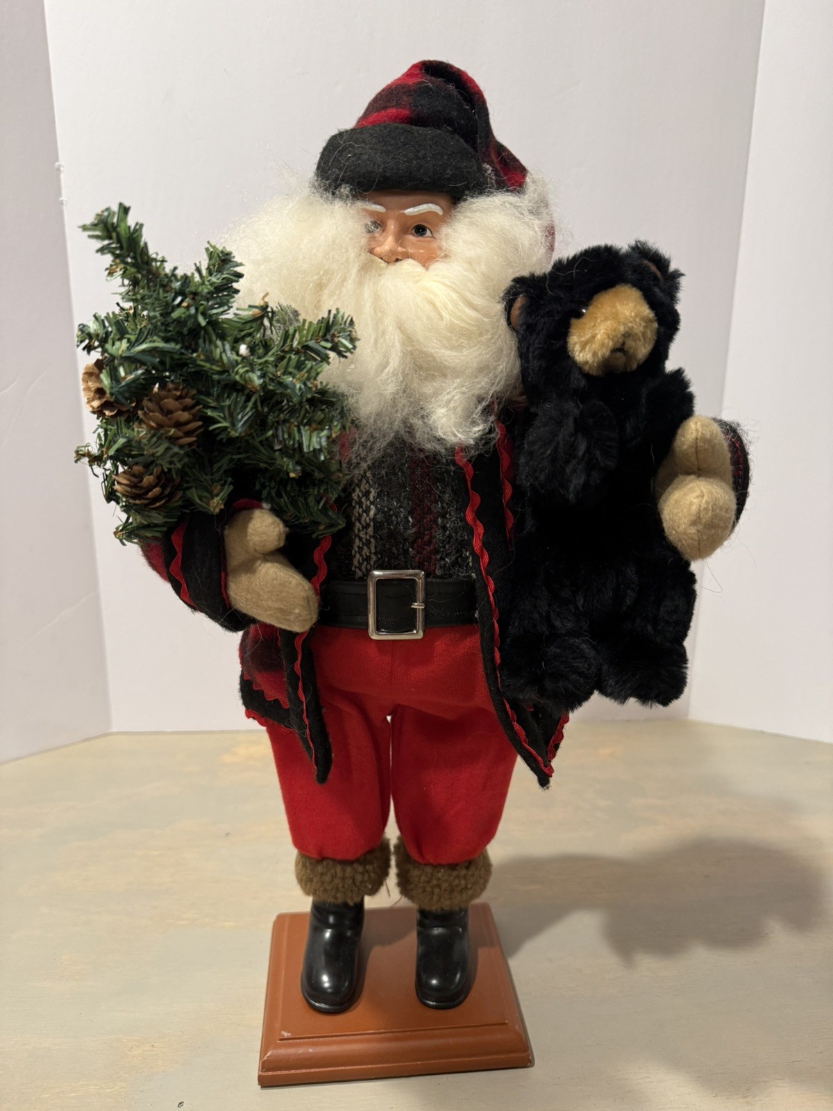 Vintage St Nicholas 18 Inches Tall, Holding a Bear And a tree buffalo plaid