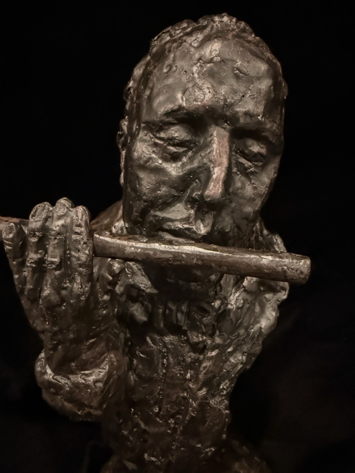 Vintage Modernist Flute Player Bust Sculpture Bronze Tone Metal Statue 10” Art