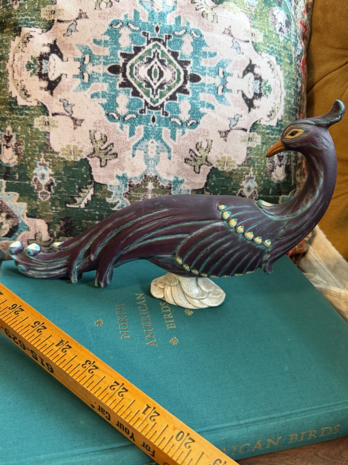 Hand Painted Ceramic Peacock Bird Figurine Purple Blue Green Orange White 12″