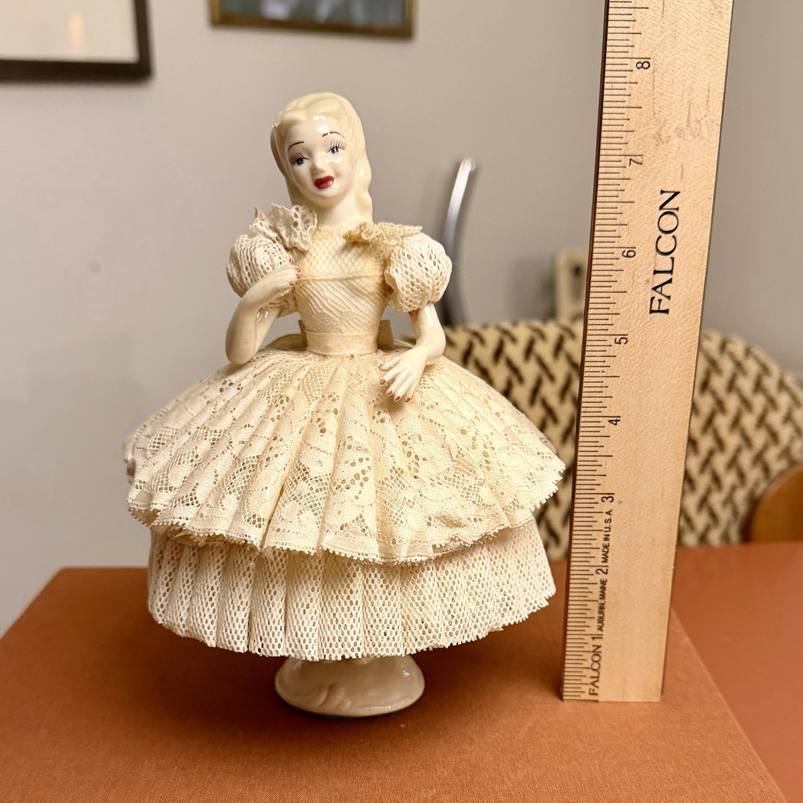 Vintage Ceramic Lady Figurine Lace Dress Boudoir Doll 7.5” Vanity Decor
