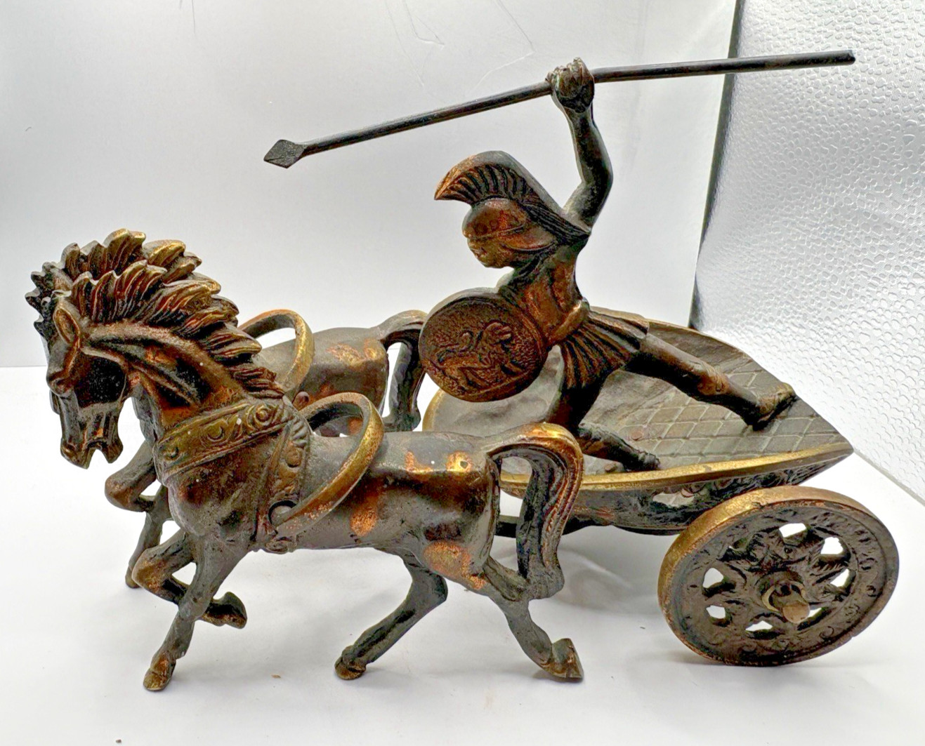 Vintage Roman Soldier Spear 8″ Two-Horse Chariot Lion Shield Copper Brass GUC