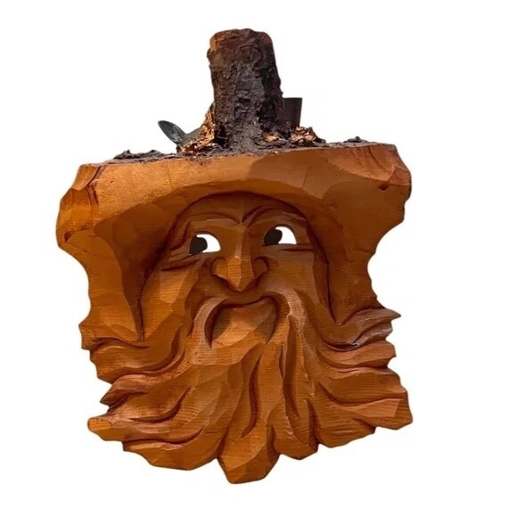 Vintage Folk Art Wall Hanging Wood Carved Tree Spirit Man in a Top Hat