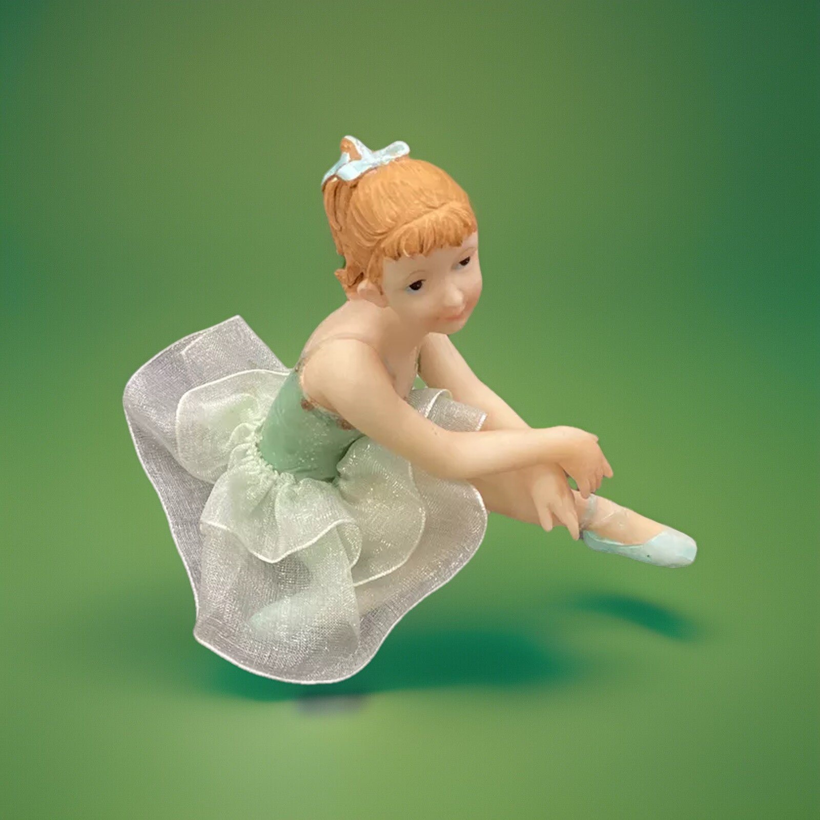 Ballerina Figurine Poly Resin Seated Girl Sage Green Tutu 3.75″ Tall Decorative